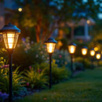 A photograph of a beautifully illuminated garden or landscape at dusk