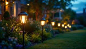 A photograph of a beautifully illuminated garden or landscape at dusk