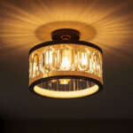 A photograph of a beautifully designed ceiling-mounted light fixture in a stylish interior setting