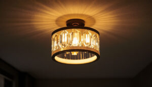 A photograph of a beautifully designed ceiling-mounted light fixture in a stylish interior setting