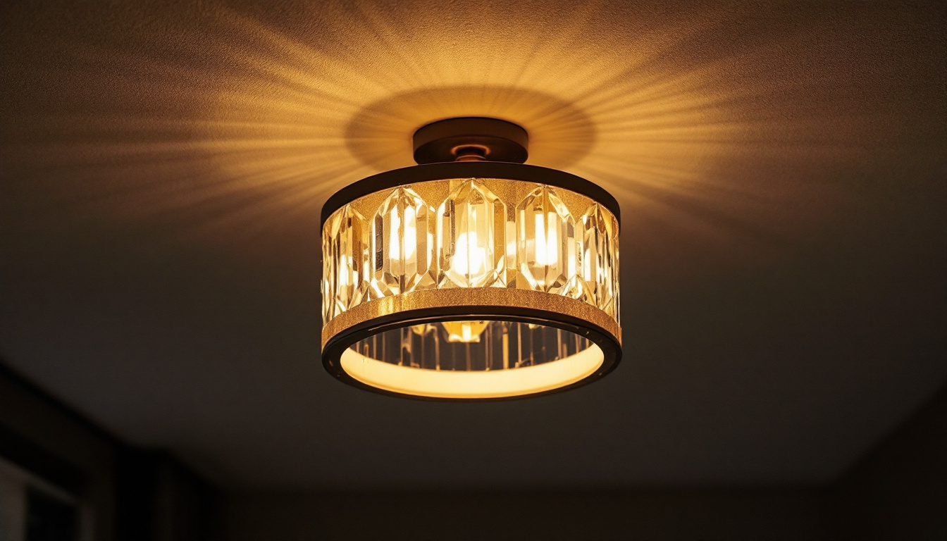 A photograph of a beautifully designed ceiling-mounted light fixture in a stylish interior setting