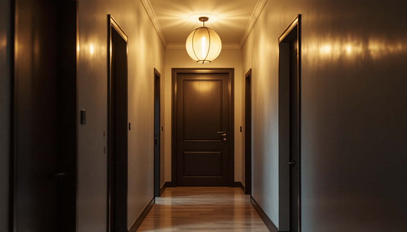 A photograph of a stylish small hallway featuring an elegant light fixture that highlights the space's design and enhances the overall ambiance
