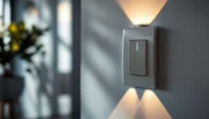 A photograph of a beautifully designed wall switch in a stylishly lit room