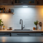 A photograph of a well-lit kitchen featuring various types of under cabinet light bulbs in use