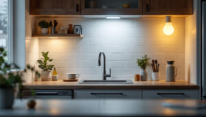A photograph of a well-lit kitchen featuring various types of under cabinet light bulbs in use