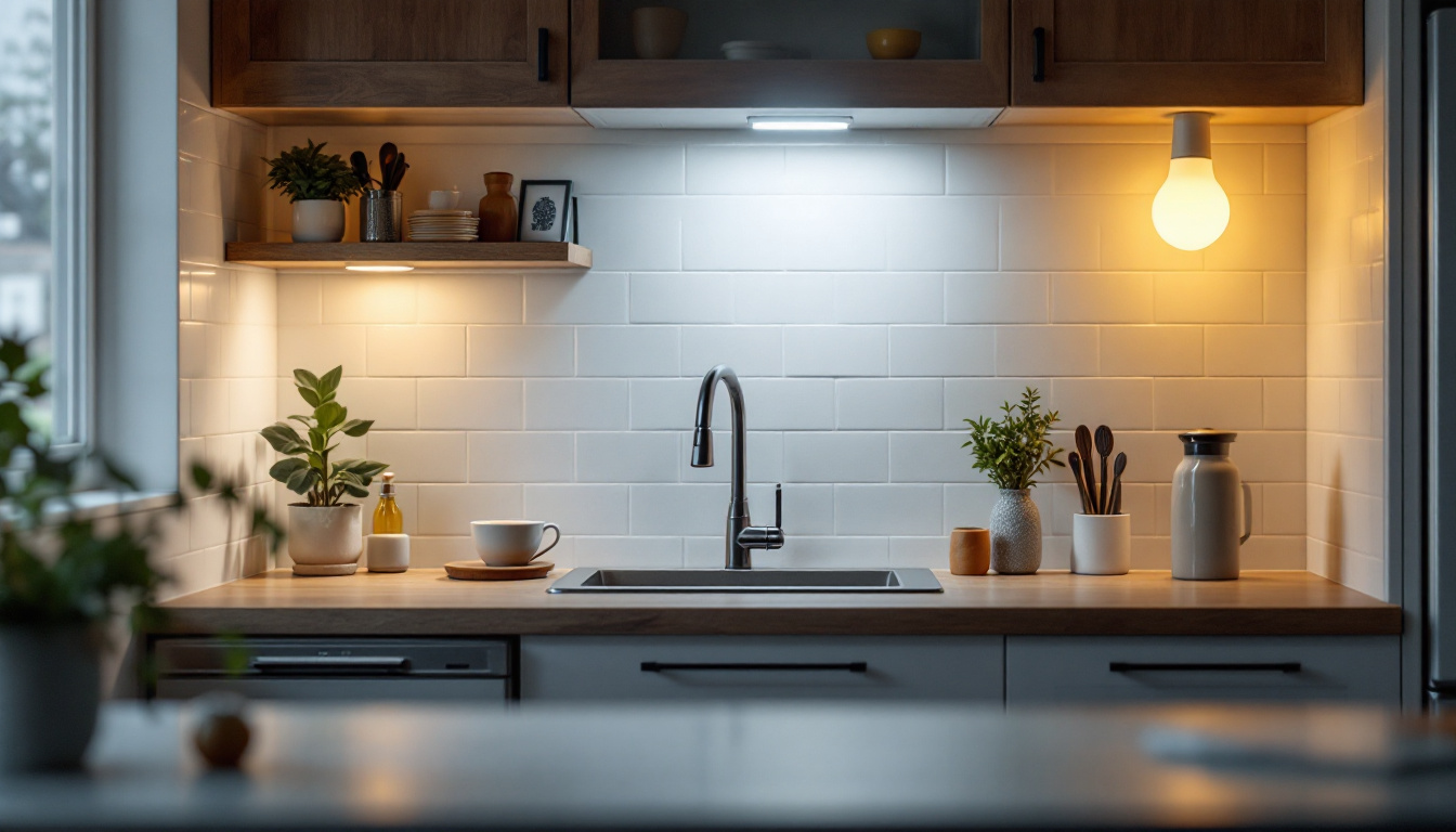 A photograph of a well-lit kitchen featuring various types of under cabinet light bulbs in use