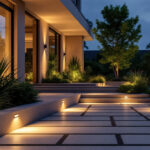A photograph of a modern outdoor space illuminated by sleek