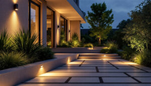 A photograph of a modern outdoor space illuminated by sleek
