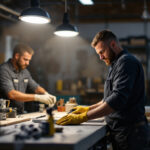 A photograph of a well-lit workshop or garage scene showcasing an 8ft led shop light fixture illuminating the workspace