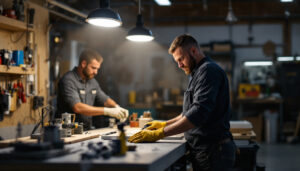 A photograph of a well-lit workshop or garage scene showcasing an 8ft led shop light fixture illuminating the workspace