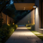 A photograph of a well-lit exterior space featuring a strategically placed flood light illuminating a pathway or entrance