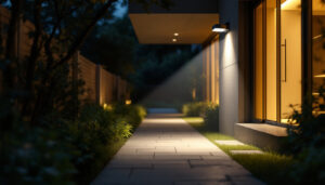A photograph of a well-lit exterior space featuring a strategically placed flood light illuminating a pathway or entrance