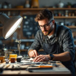 A photograph of a lighting contractor examining a variety of lighting parts in a well-organized workshop
