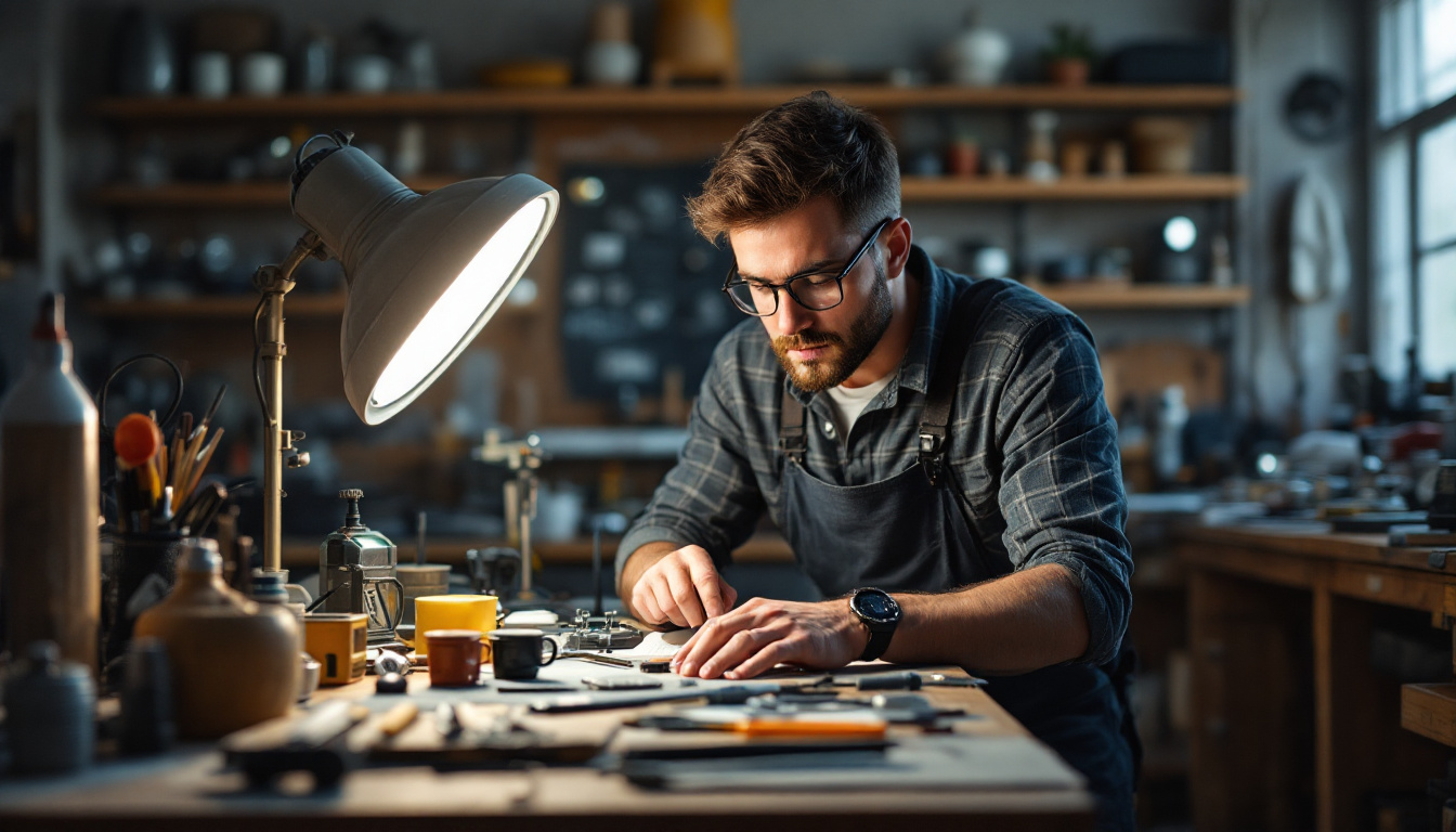 A photograph of a lighting contractor examining a variety of lighting parts in a well-organized workshop