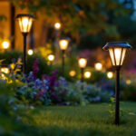 A photograph of a beautifully illuminated outdoor garden at dusk