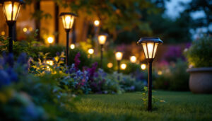 A photograph of a beautifully illuminated outdoor garden at dusk