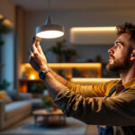 A photograph of a lighting contractor expertly installing a sleek led can light in a modern home setting