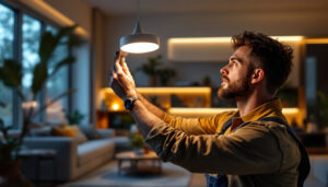A photograph of a lighting contractor expertly installing a sleek led can light in a modern home setting