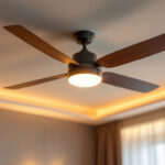 A photograph of a stylish ceiling fan installed in a modern living space