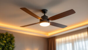 A photograph of a stylish ceiling fan installed in a modern living space
