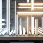 A photograph of a well-organized display of various fluorescent tube lengths