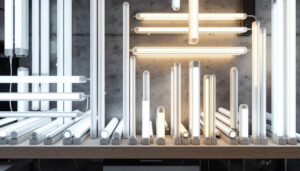 A photograph of a well-organized display of various fluorescent tube lengths