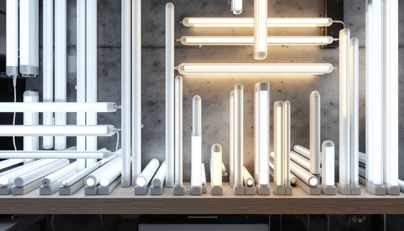 A photograph of a well-organized display of various fluorescent tube lengths