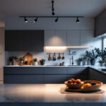 A photograph of a modern kitchen featuring stylish track lighting