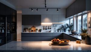 A photograph of a modern kitchen featuring stylish track lighting