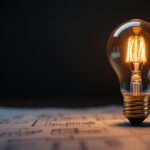 A photograph of a vintage-style light bulb glowing warmly against a dark background