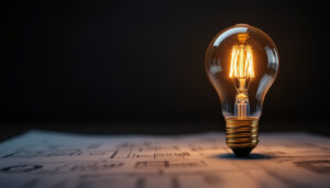 A photograph of a vintage-style light bulb glowing warmly against a dark background