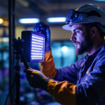 A photograph of a lighting contractor expertly installing or demonstrating an ultraviolet light lamp in a modern workspace
