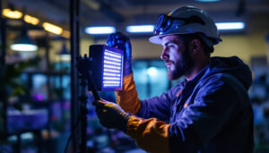 A photograph of a lighting contractor expertly installing or demonstrating an ultraviolet light lamp in a modern workspace