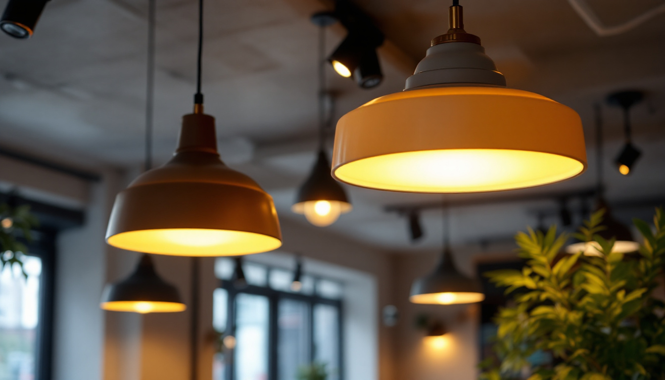 A photograph of a stylish interior space featuring suspended ceiling lights