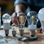 A photograph of a close-up shot of various light bulb bases arranged on a workbench
