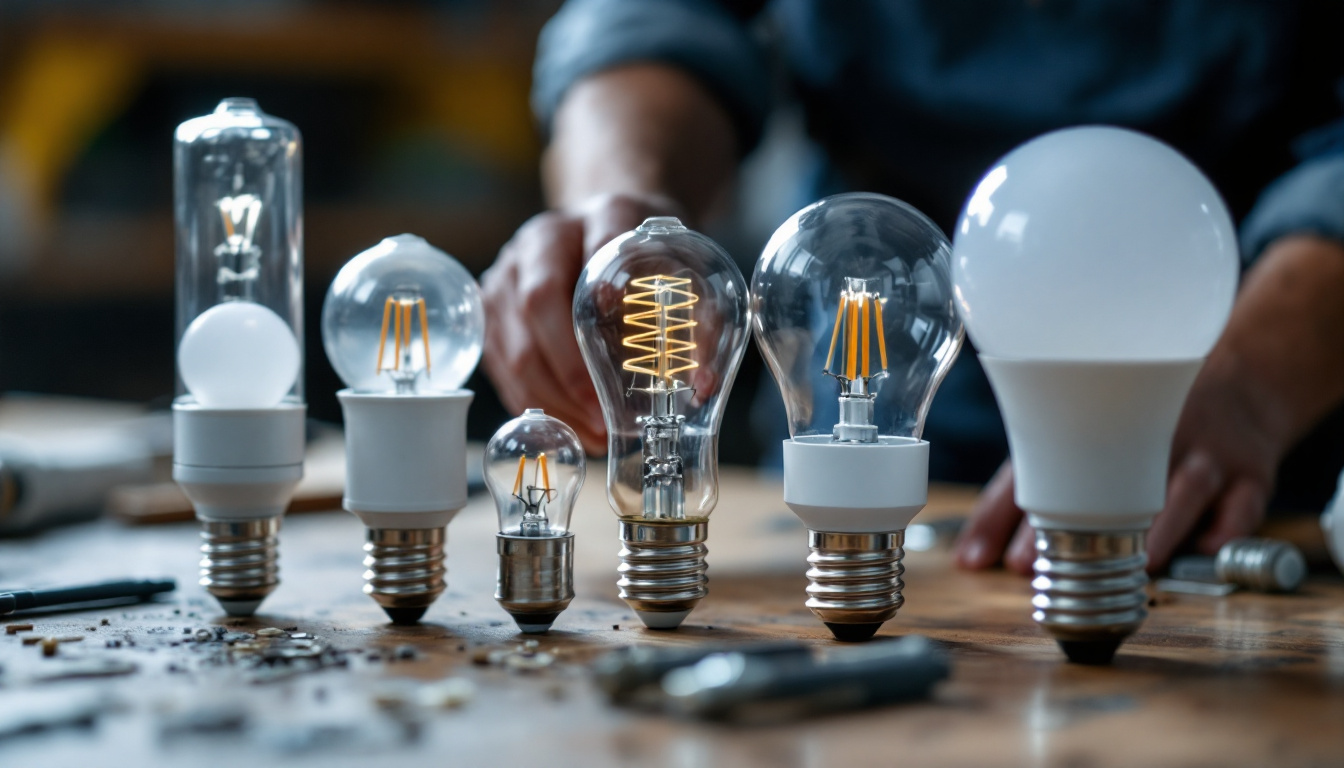 A photograph of a close-up shot of various light bulb bases arranged on a workbench