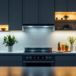 A photograph of a beautifully illuminated kitchen showcasing under-cabinet lighting in action