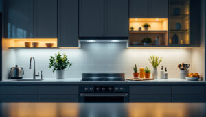 A photograph of a beautifully illuminated kitchen showcasing under-cabinet lighting in action