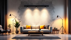 A photograph of a stylishly designed room featuring four led can lights in various settings