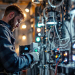 A photograph of a lighting contractor working on a project