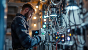 A photograph of a lighting contractor working on a project