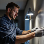A photograph of capture a photograph of a lighting contractor in action