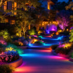 A photograph of a beautifully illuminated outdoor space showcasing a variety of colored lights in use