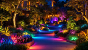 A photograph of a beautifully illuminated outdoor space showcasing a variety of colored lights in use