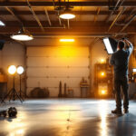 A photograph of a well-lit garage showcasing various types of high-quality lighting fixtures in use