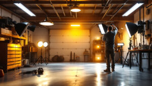A photograph of a well-lit garage showcasing various types of high-quality lighting fixtures in use