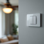 A photograph of a skilled electrician installing a fan light combo switch in a stylishly lit room
