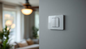 A photograph of a skilled electrician installing a fan light combo switch in a stylishly lit room