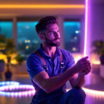 A photograph of a skilled lighting contractor installing vibrant led tape strip lights in a modern home setting