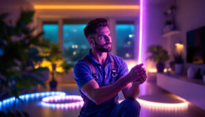 A photograph of a skilled lighting contractor installing vibrant led tape strip lights in a modern home setting